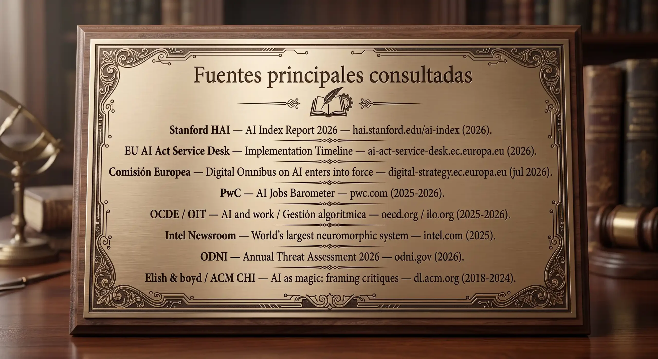 Placa grabada en madera y oro con las fuentes principales